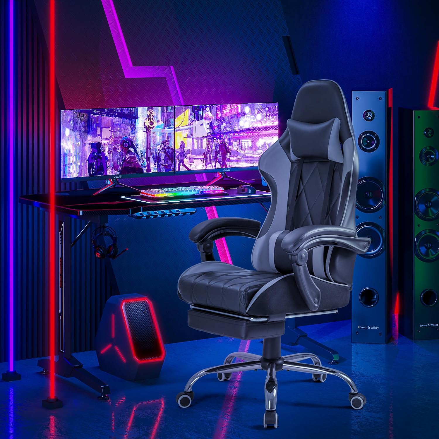 Homall Gaming Chair, Computer Chair with Footrest and Massage Lumbar Support, Ergonomic High Back Video Game Chair with Swivel Seat and Headrest (Grey)