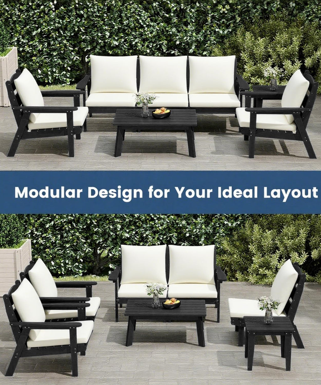 FOOWIN 4-Piece Patio Furniture Set, HDPE All-Weather Outdoor Conversation Set with Thick Cushions, Sectional Patio Sofa Furniture for Deck, Porch, Lawn, Garden, Black Frame & White Cushion