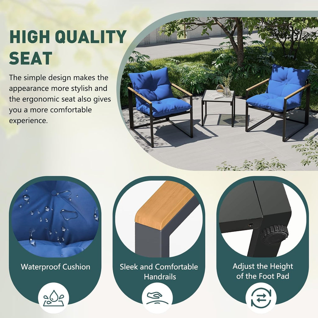 3 Piece Patio Bistro Set Outdoor - Small Space Balcony Furniture with 2 Cushioned Chairs & Coffee Table, Rust-Proof Metal Frame, Breathable Textilene, Modern Porch Deck Set (Blue)