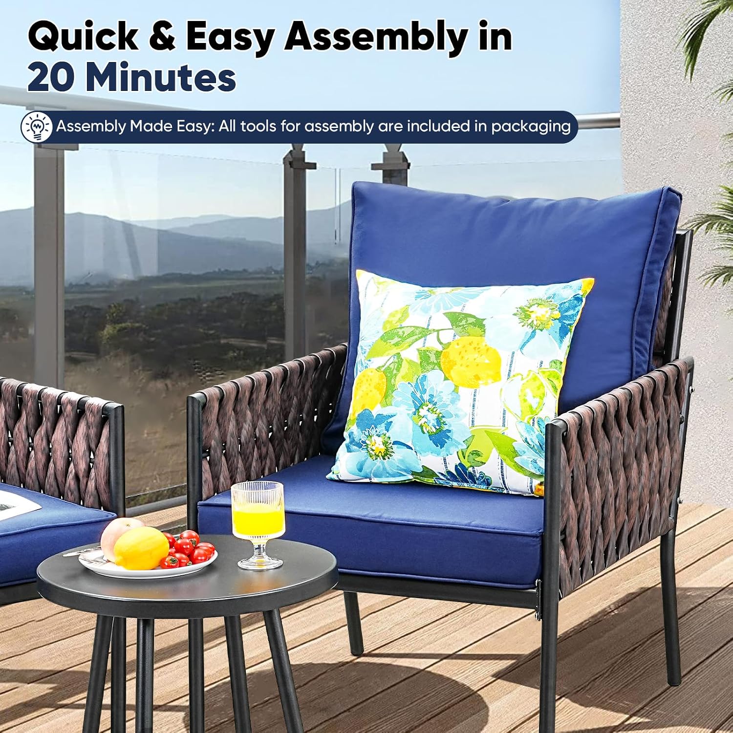 JOYURE 3 Pieces Patio Bistro Set,Patio Furniture Set with 2 Armrest Chairs and Round Side Table,Outdoor Modern Furniture Set with All-Weather Thick Cushion for Deck,Backyard,Navy