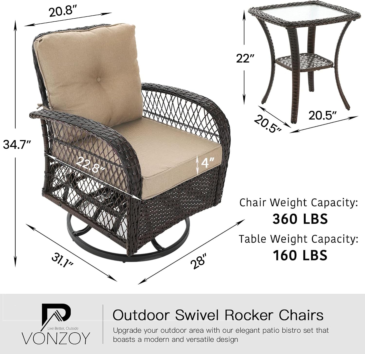 3 Pieces Patio Furniture Set, Outdoor Swivel Glider Rocker, Wicker Patio Bistro Set with Rocking Chair, Thickened Cushions and Table for Porch (Khaki)