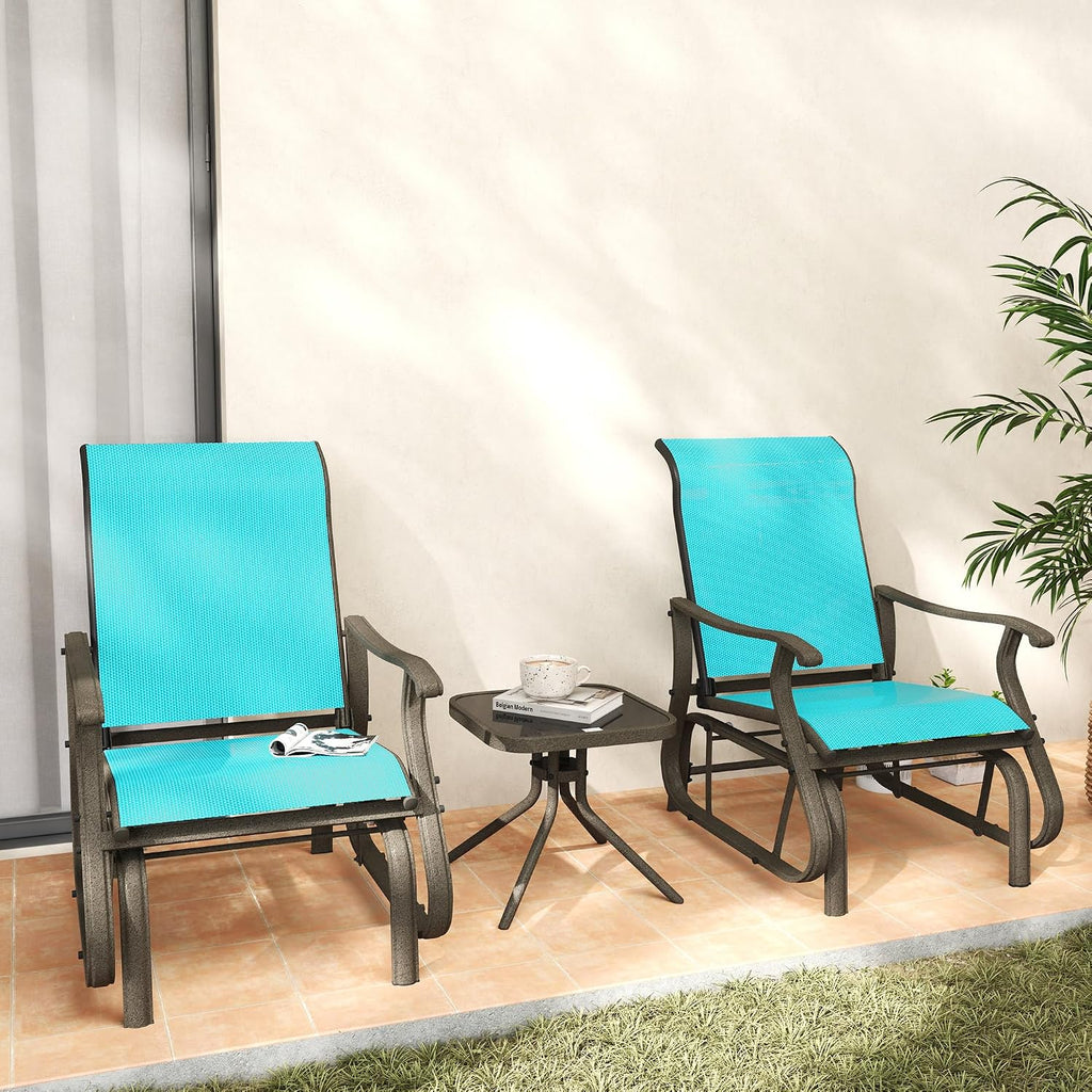 Outsunny 3-Piece Outdoor Gliders Set, Bistro Table and Chairs with Steel Frame, Tempered Glass Top Table for Patio, Garden, Backyard, Lawn, Bright Blue