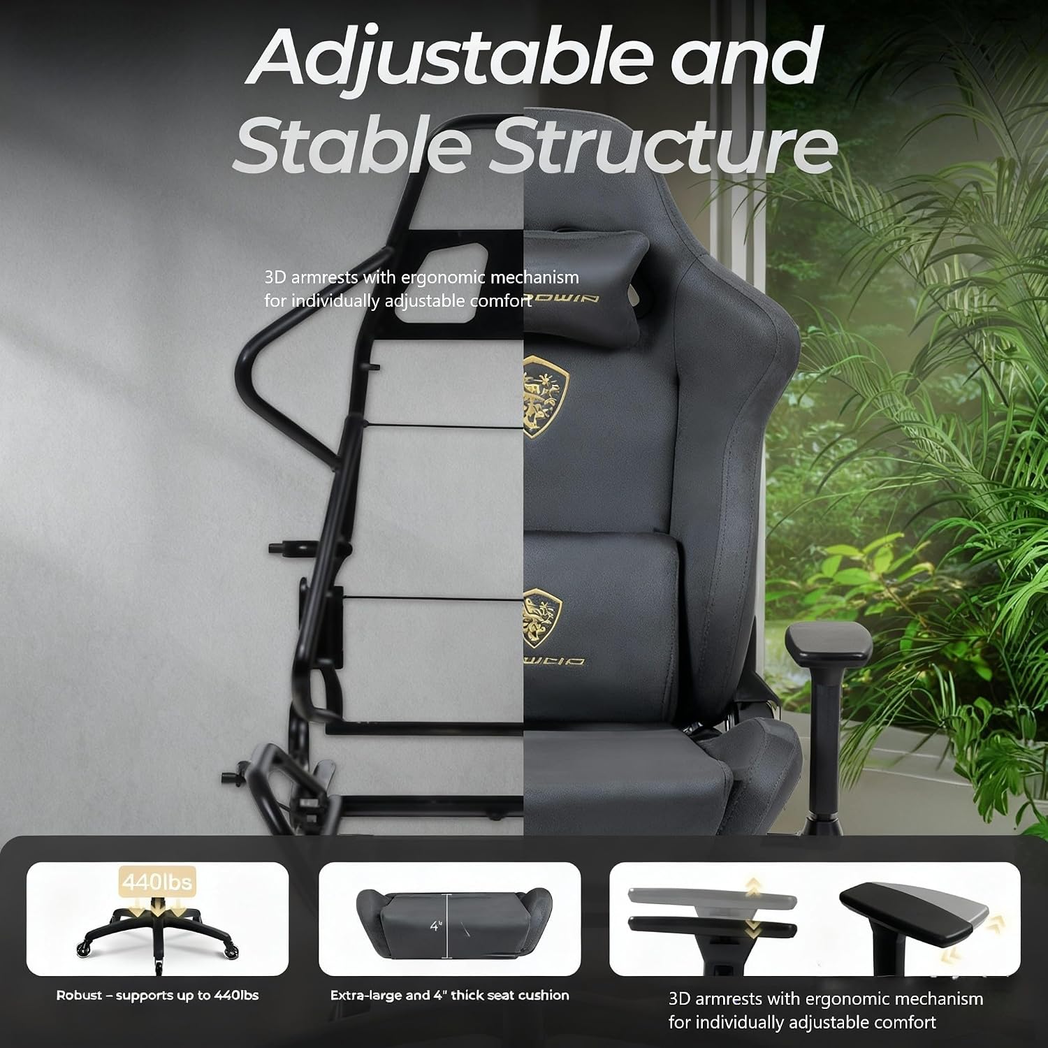 Dowinx Big and Tall Gaming Chair with Suede Fabric Breathable, Game Chairs for Adults with Oversized Thick Seat for 440lbs, Ergonomic Gamer Chair for Streaming & Long Gaming Sessions, Deep Grey