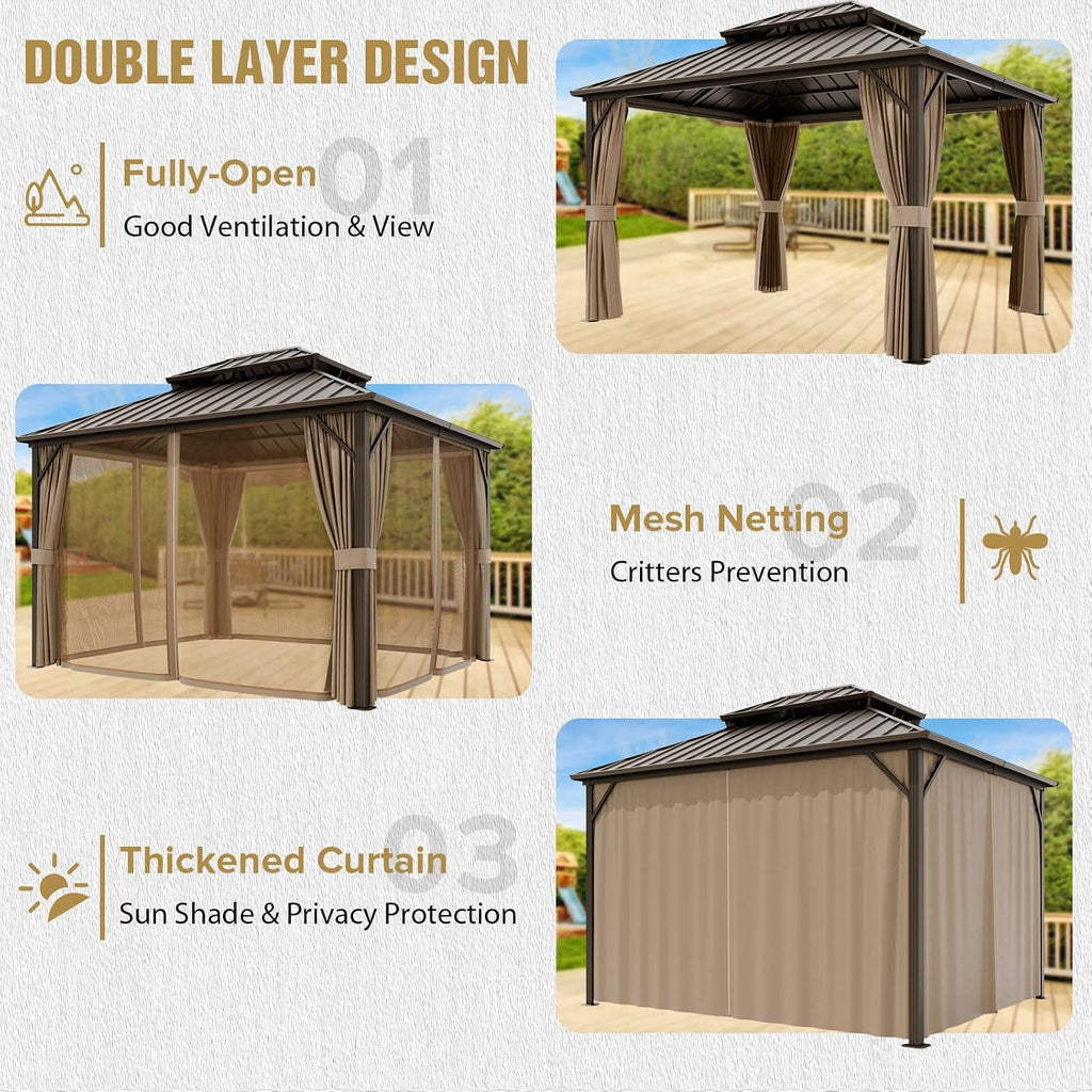 COOS BAY 12x10 Hardtop Gazebo with Aluminum Frame, Galvanized Steel Roof with UV Protection for Patio, Backyard, Garden, Outdoor Events, Dark Brown/Tan