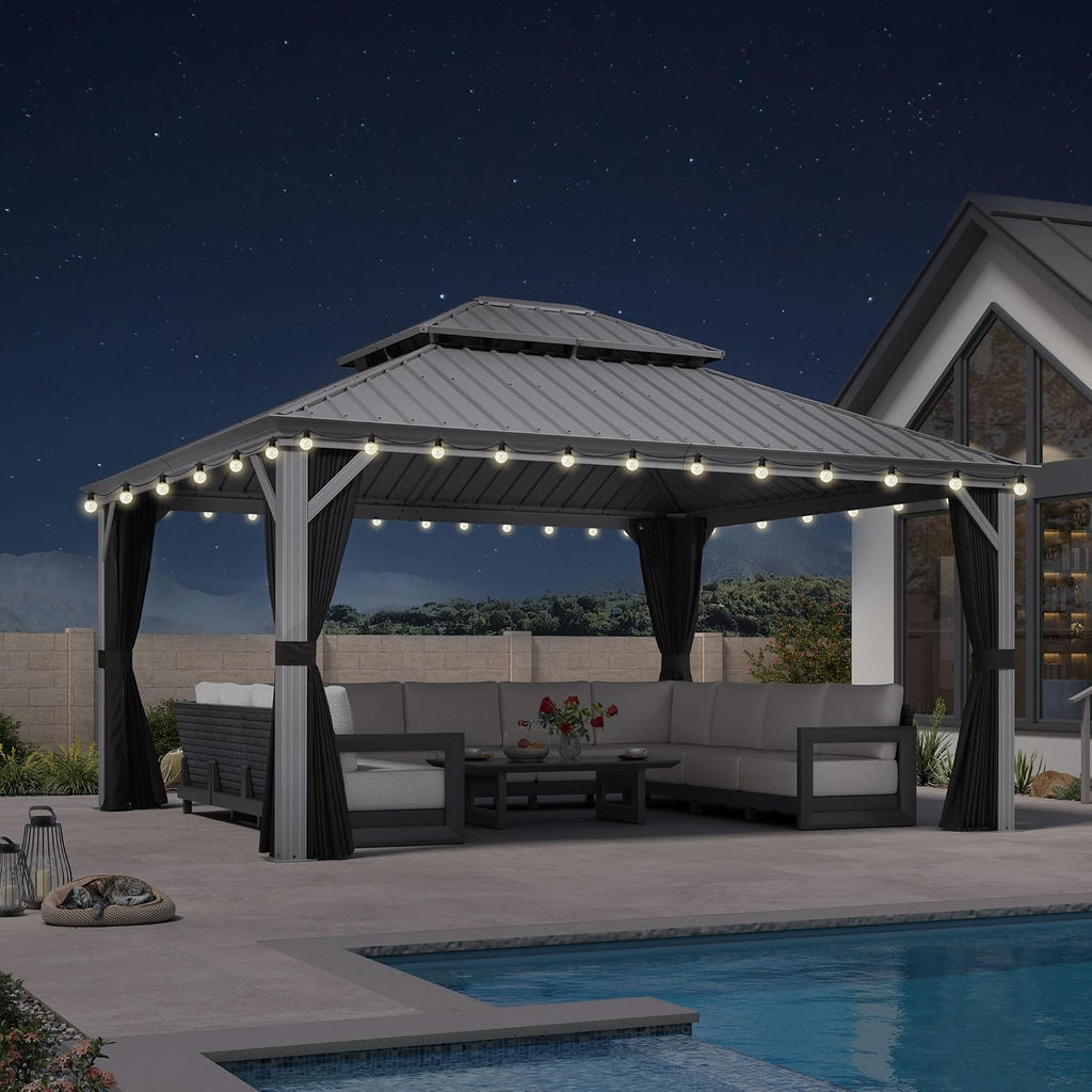 PURPLE LEAF 13' X 15' Hardtop Aluminum Gazebo with Netting and Curtains Heavy Duty Permanent Gazebo with Double Metal Roof for Patio Deck Lawn Garden All Weather Outdoor Pavilion Gazebos, Light Grey