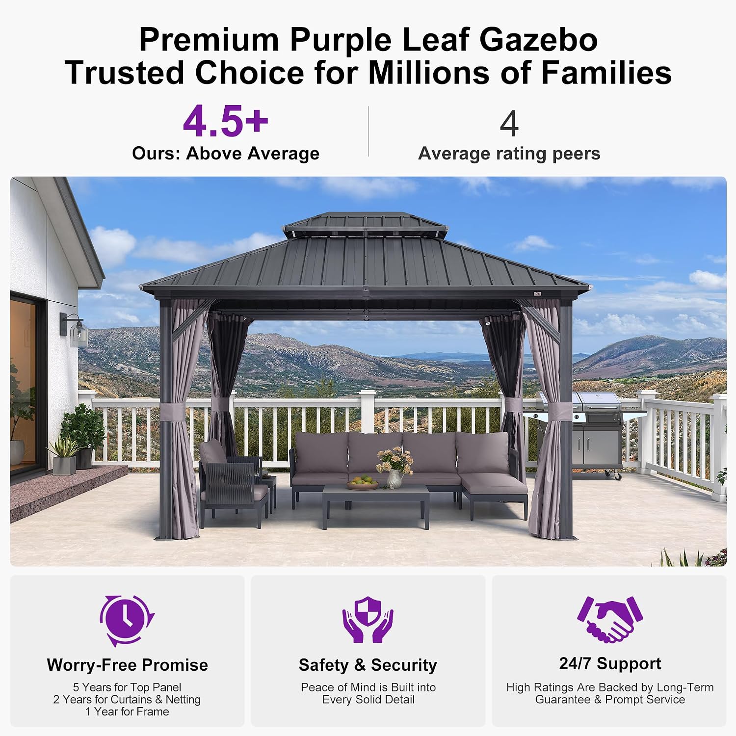 PURPLE LEAF 10' X 12' Gazebo Outdoor Aluminum Gazebo with Heavy Duty Galvanized Steel Double Roof for Patio Backyard Deck, Netting and Curtains Included, Grey