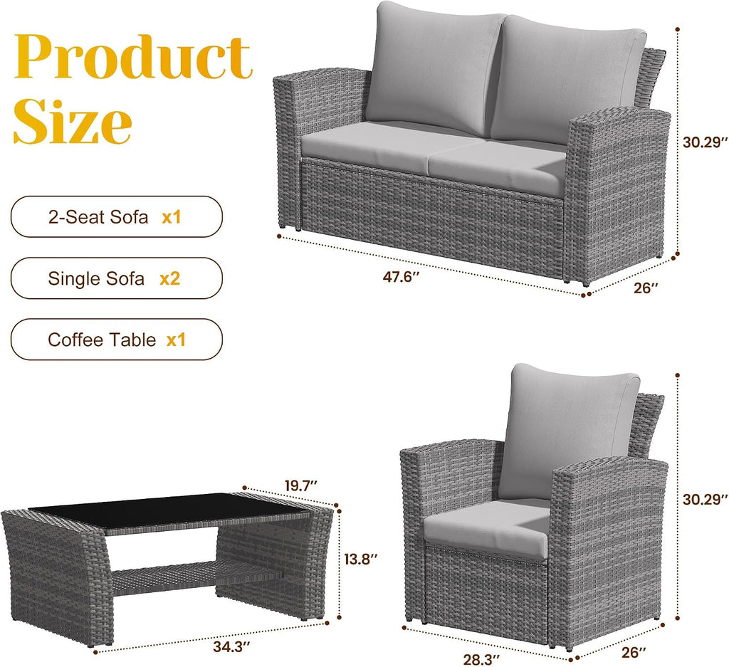 FansaFurn 4-Piece Outdoor Patio Furniture Set, All Weather Wicker Rattan Sectional Sofa Conversation Seating Set with Cushions & Large Glass Coffee Table, Ideal for Garden Backyard Porch, Grey