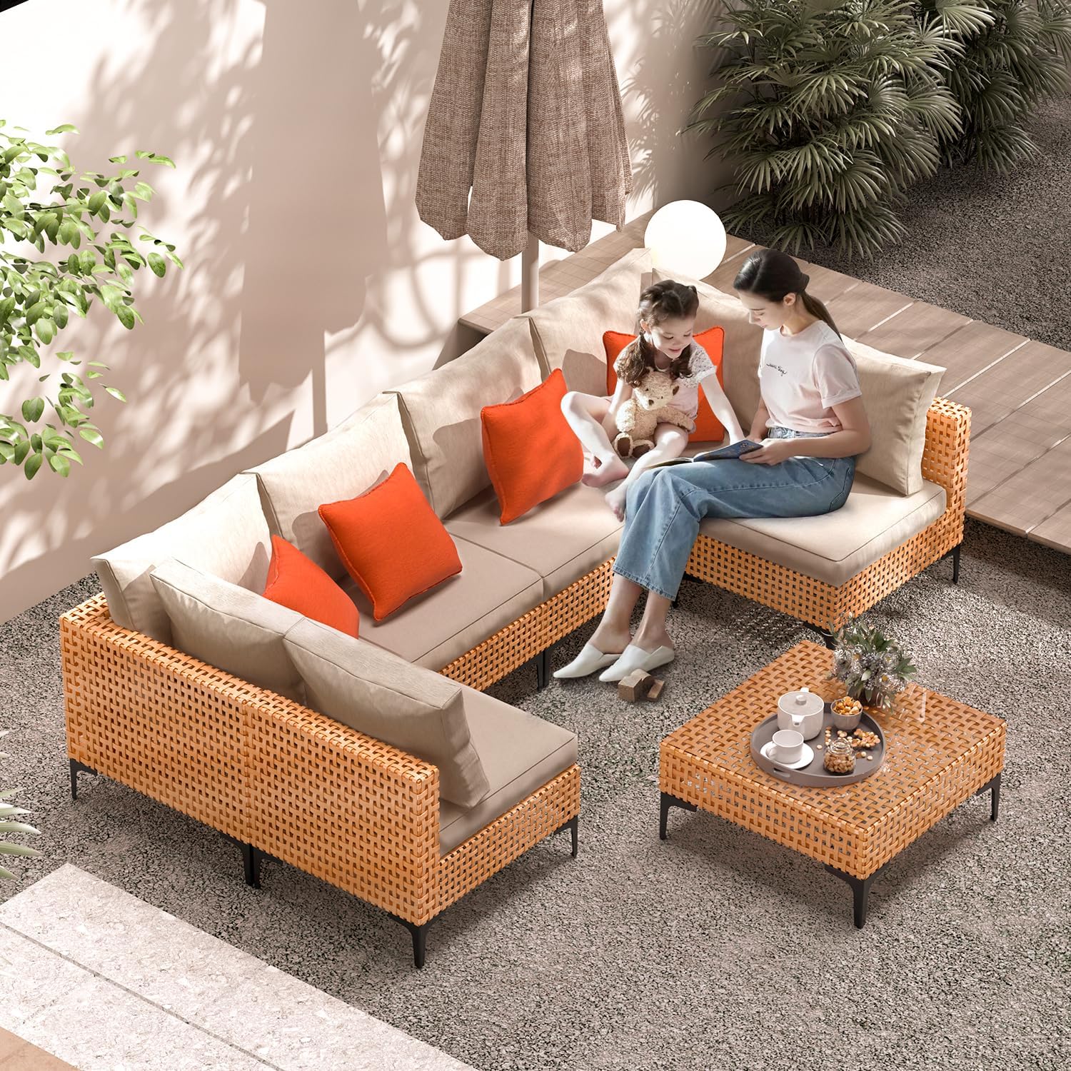 10 Piece Outdoor Patio Furniture Set Modular Outdoor Furniture Set Wicker Outdoor Sectional Sofa with Table Patio Set for Balcony Porch Deck Yard (Salmon&Orange Wicker, Sand Cushion)