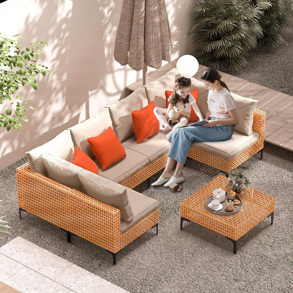 7 Piece Outdoor Patio Furniture Set Modular Outdoor Furniture Set Wicker Outdoor Sectional Sofa with Table Patio Set for Balcony Porch Deck Yard (Salmon&Orange Wicker, Sand Cushion)