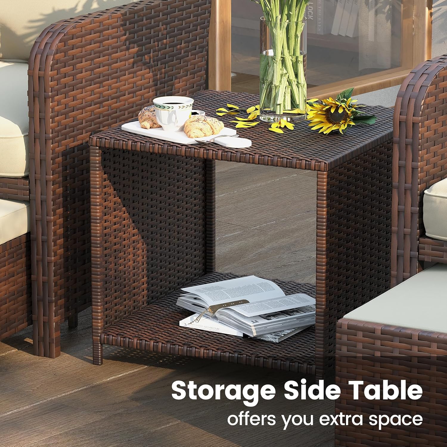 UDPATIO Wicker Patio Furniture Chair with Hiddern Ottoman for Balcony, 5 Piece Patio Conversation Set with Side Table for Front Porch Deck