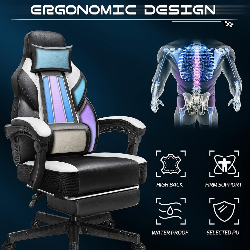 Big and Tall Gaming Chair for Adults, 330lbs Heavy Duty Computer Chair with Footrest, Video Game Chair, Massage Lumbar Support, Wide Seat High Back Reclining Desk Chair, White