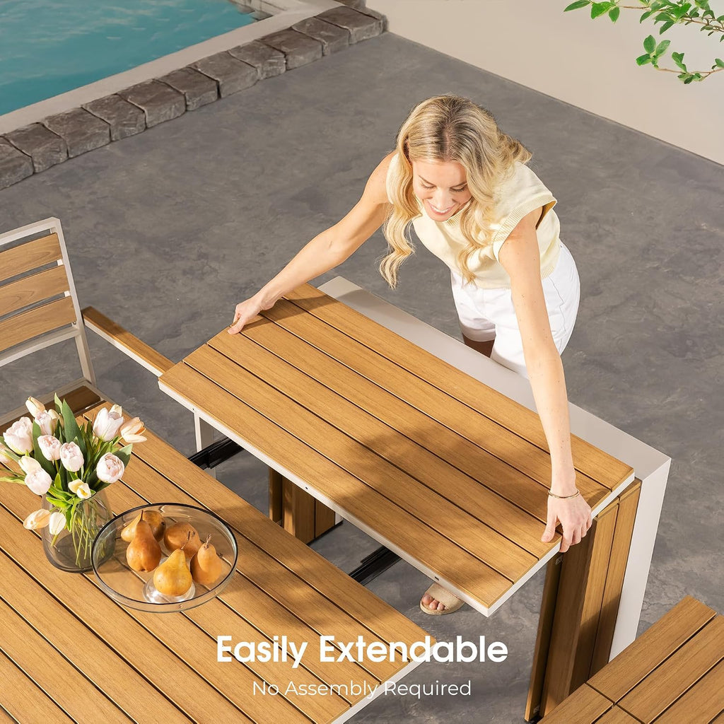 Transformer Table - Extendable Outdoor Dining Set up to 12, Expandable Patio Table, Weather-Resistant Patio Furniture, Light Oak, Natural (Table + Bench + 4 Chairs + Umbrella)