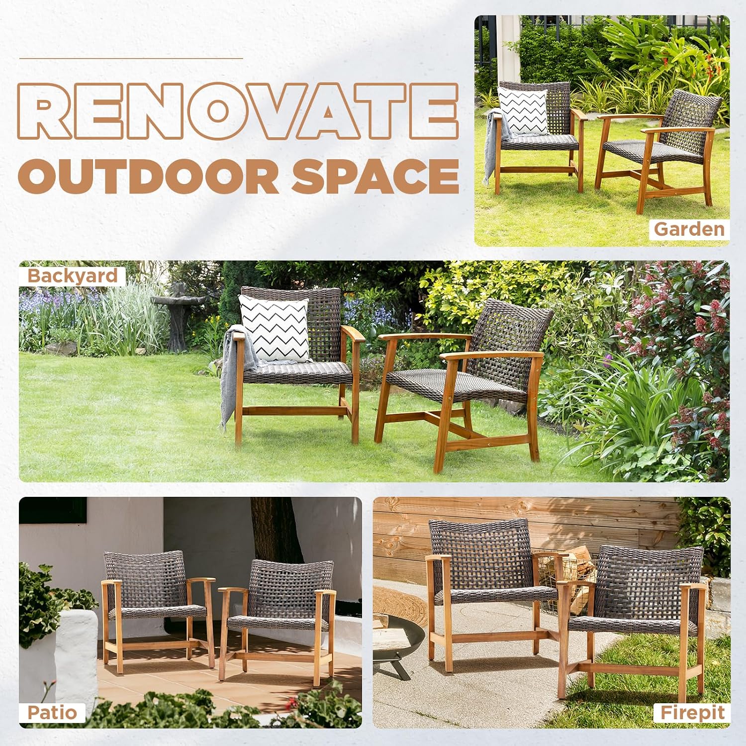 Idzo Liberte 500lbs Capacity Acacia Outdoor Club Chairs Set of 2, FSC Teak Finish Wood Patio Furniture Sets with Upgraded 2000Hours UV Resistant Wicker