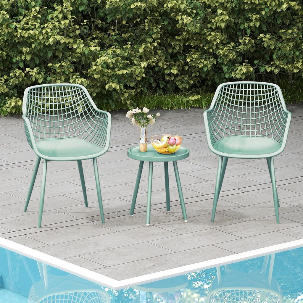 Giantex 3 Piece Patio Furniture Set, Outdoor Bistro Table and Chairs Set of 2, PP Seat & Metal Legs, Small Conversation Set for Balcony Front Porch Deck Backyard Lawn (Mint Green)