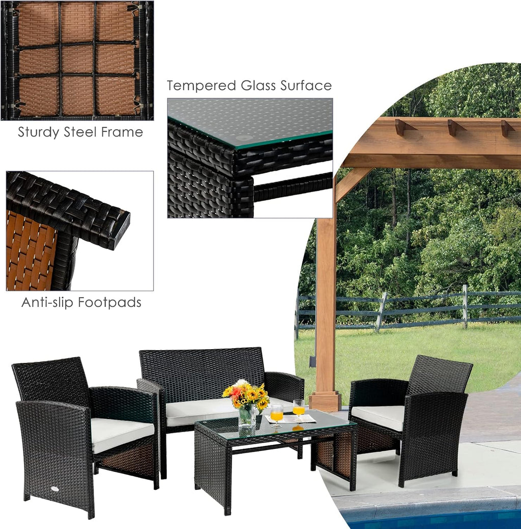 COSTWAY 4 Piece Patio Furniture Set, Outdoor PE Rattan Wicker Sectional Sofa with Cushion and Coffee Table, Patio Conversation Sets for Balcony Lawn Porch Patio Backyard Garden Poolside, White