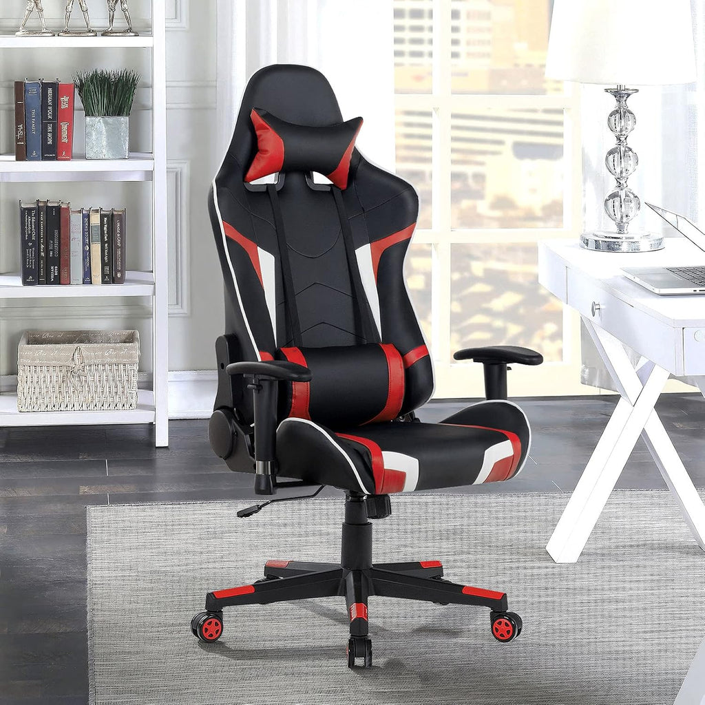 GYMAX Gaming Chair, Massage Gaming Chairs for Adults with Headrest, Lumbar Support & Armrest, Video Computer Reclining Gaming Chair, Office Desk Gamer Task Chair (Red with Black X-Shape Desk)