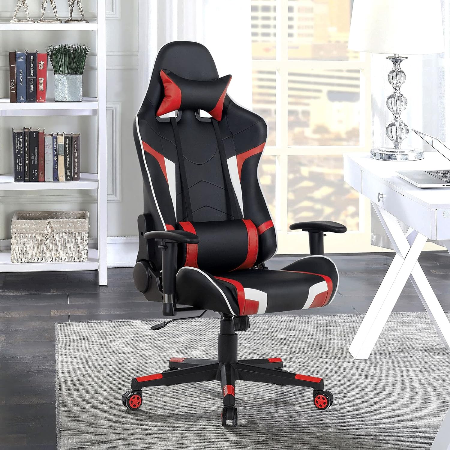 GYMAX Gaming Chair, Massage Gaming Chairs for Adults with Headrest, Lumbar Support & Armrest, Video Computer Reclining Gaming Chair, Office Desk Gamer Task Chair (Red with Black X-Shape Desk)