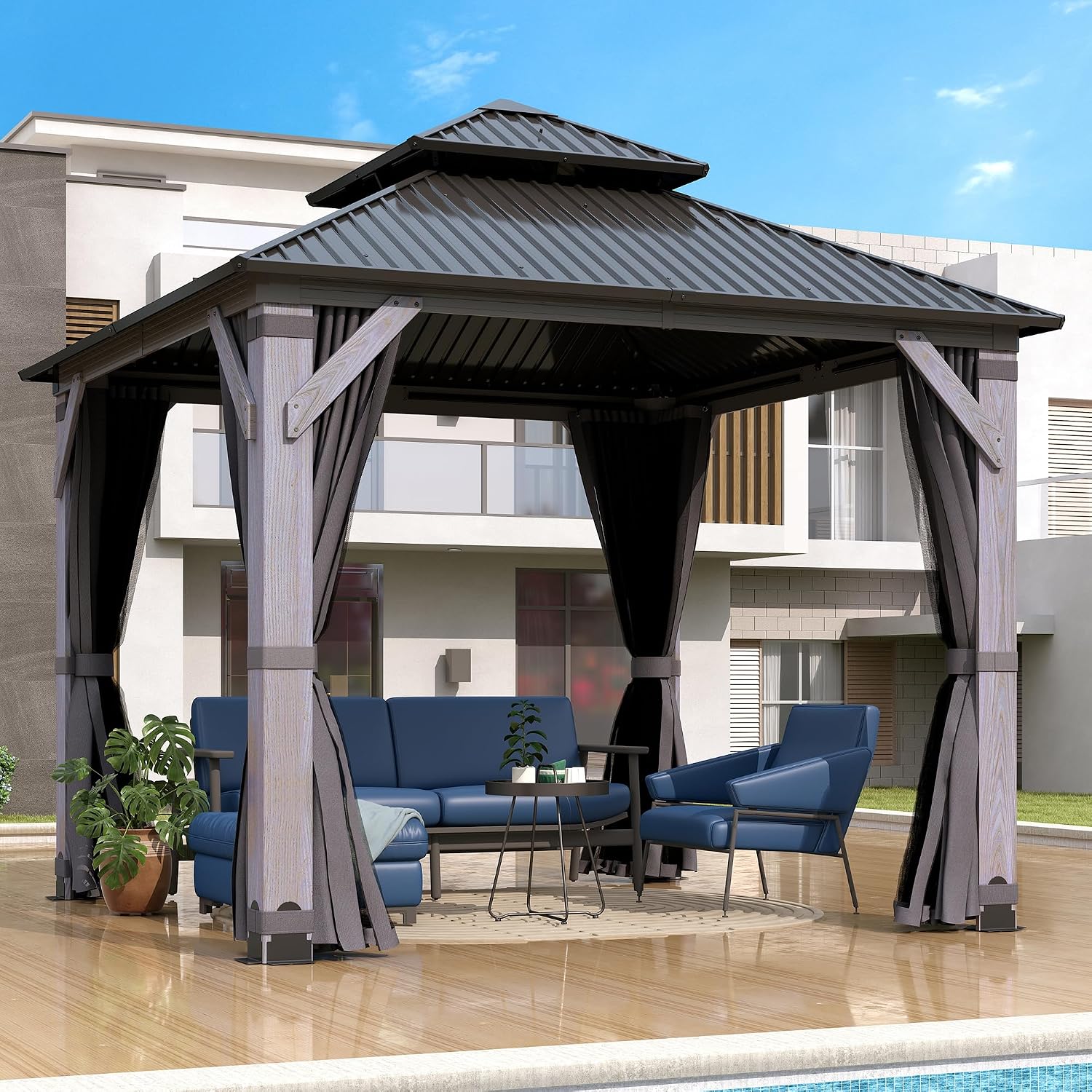 GARTOO 8.5' x 8.5' Outdoor Wood Gazebo - Permanent Wooden Hardtop Gazebo Pavilion with Double Curtains, Galvanized Steel Roof Cedar Wood Gazebos for Garden, Lawn, Poolside, Backyard Deck