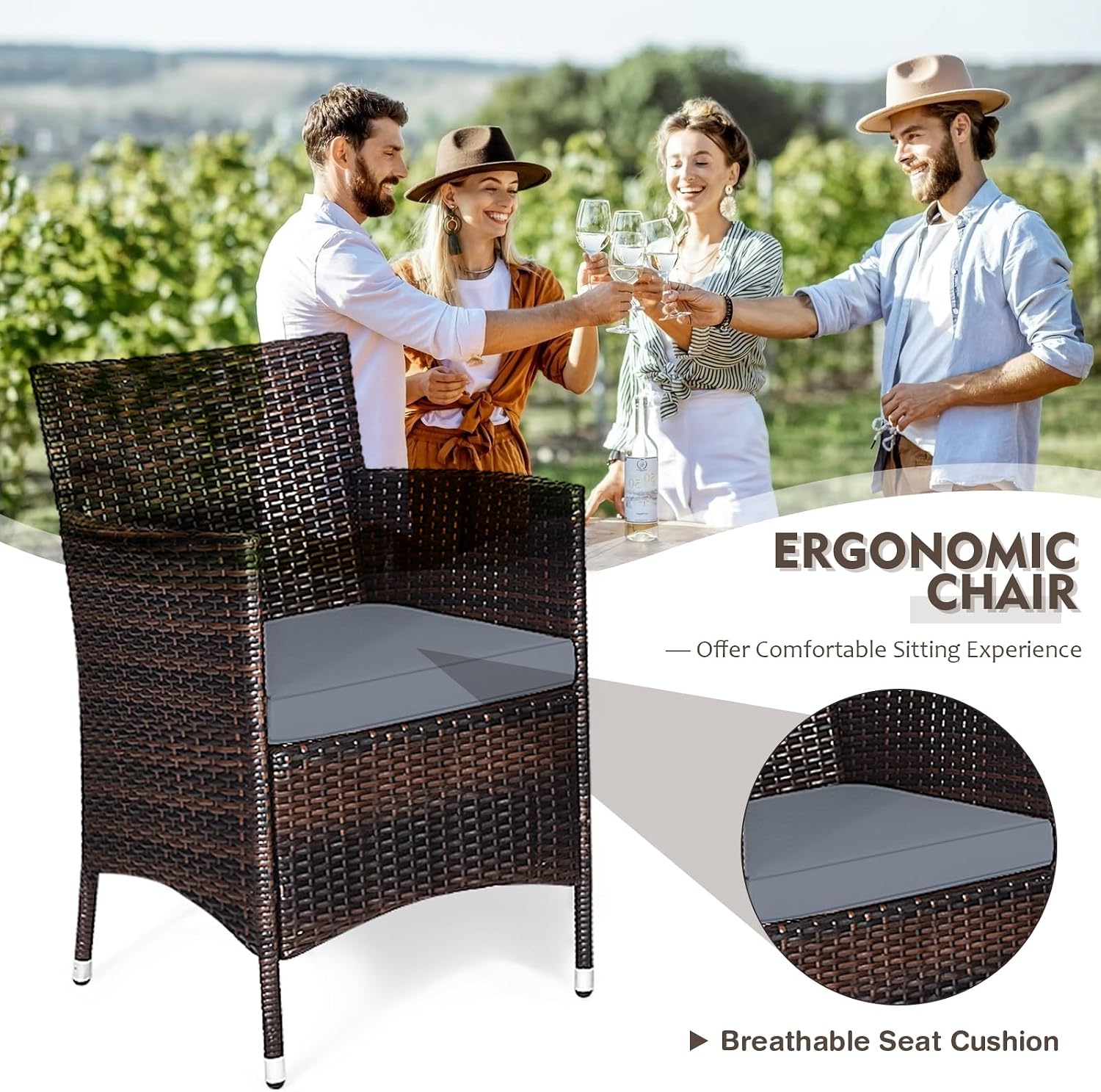 DORTALA Wicker Patio Furniture Set 3 Piece, Small Outdoor Table & Chairs Set with Cushions, All-Weather Rattan Conversation Bistro Set for Balcony, Porch, Backyard, Deck, Grey