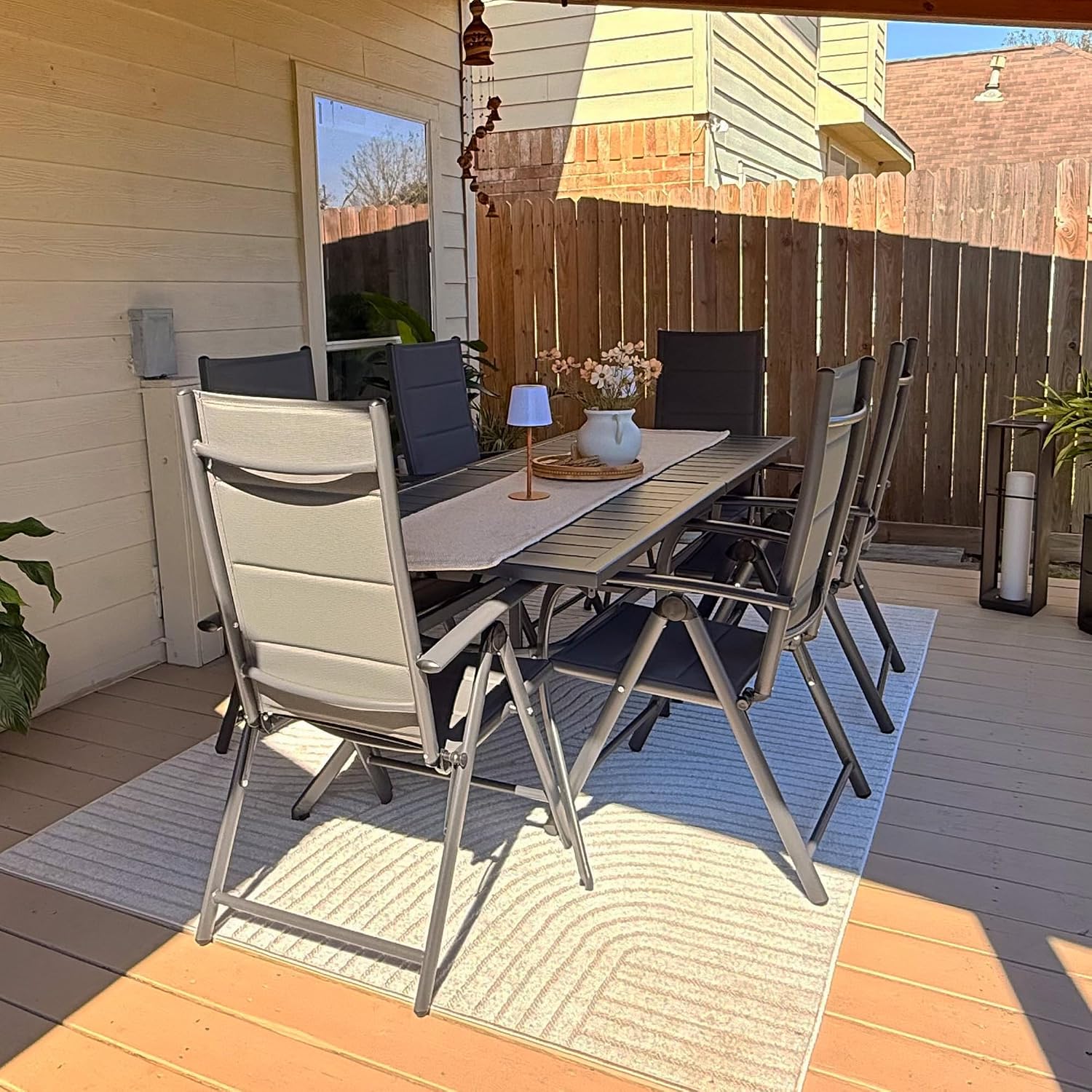 PURPLE LEAF Outdoor Dining Set for 6 Folding Patio Dining Set with Aluminum Rectangular Table and Padded Chairs All Weather Dining Table Sets for Garden Backyard Poolside, Grey