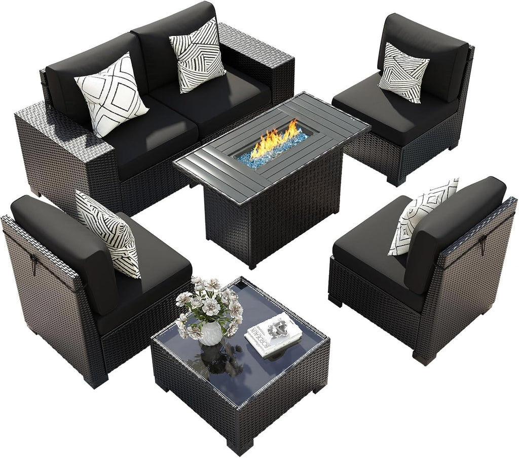 7 Piece Patio Furniture Set with Fire Pit Table, Outdoor Sectional Conversation Sets Black Wicker Rattan Sofa with Coffee Table for Patio Garden Backyard, 4'' Thickened Cushion Black