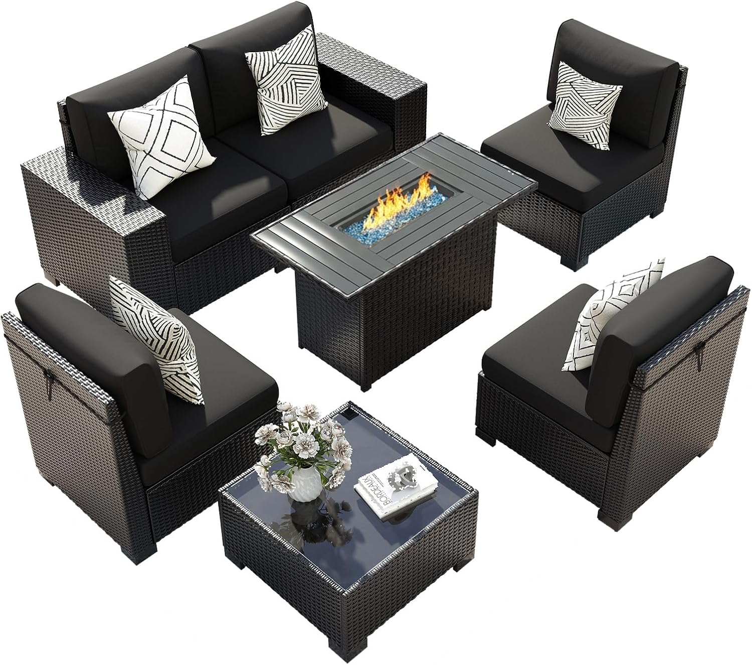 7 Piece Patio Furniture Set with Fire Pit Table, Outdoor Sectional Conversation Sets Black Wicker Rattan Sofa with Coffee Table for Patio Garden Backyard, 4'' Thickened Cushion Black