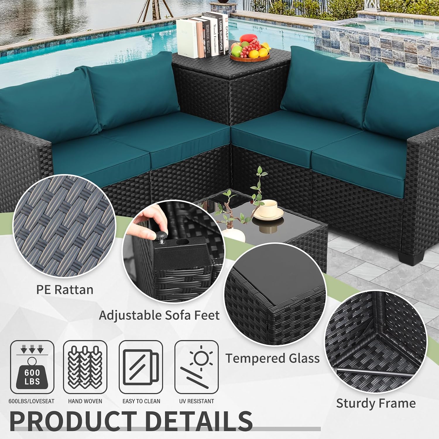 WAROOM Patio Furniture Set 4 Piece Conversation Sets Black Rattan Outdoor Couch Loveseat Wicker Sectional Sofa with Storage Box Glass Top Table, Peacock Blue Cushion
