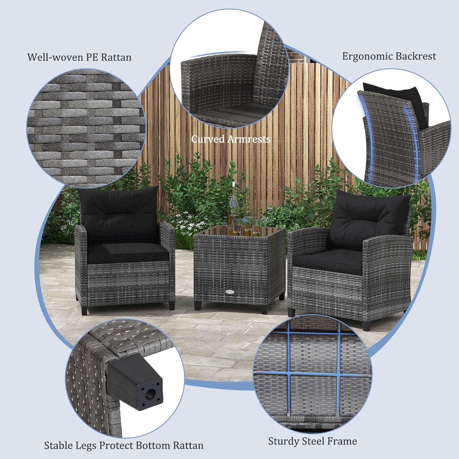 KOTEK 3 Piece Patio Furniture Set, Outdoor PE Rattan Conversation Set with Washable Cushions & Tempered Glass Tabletop, Wicker Chairs and Table Set for Porch, Garden, Balcony (Black)