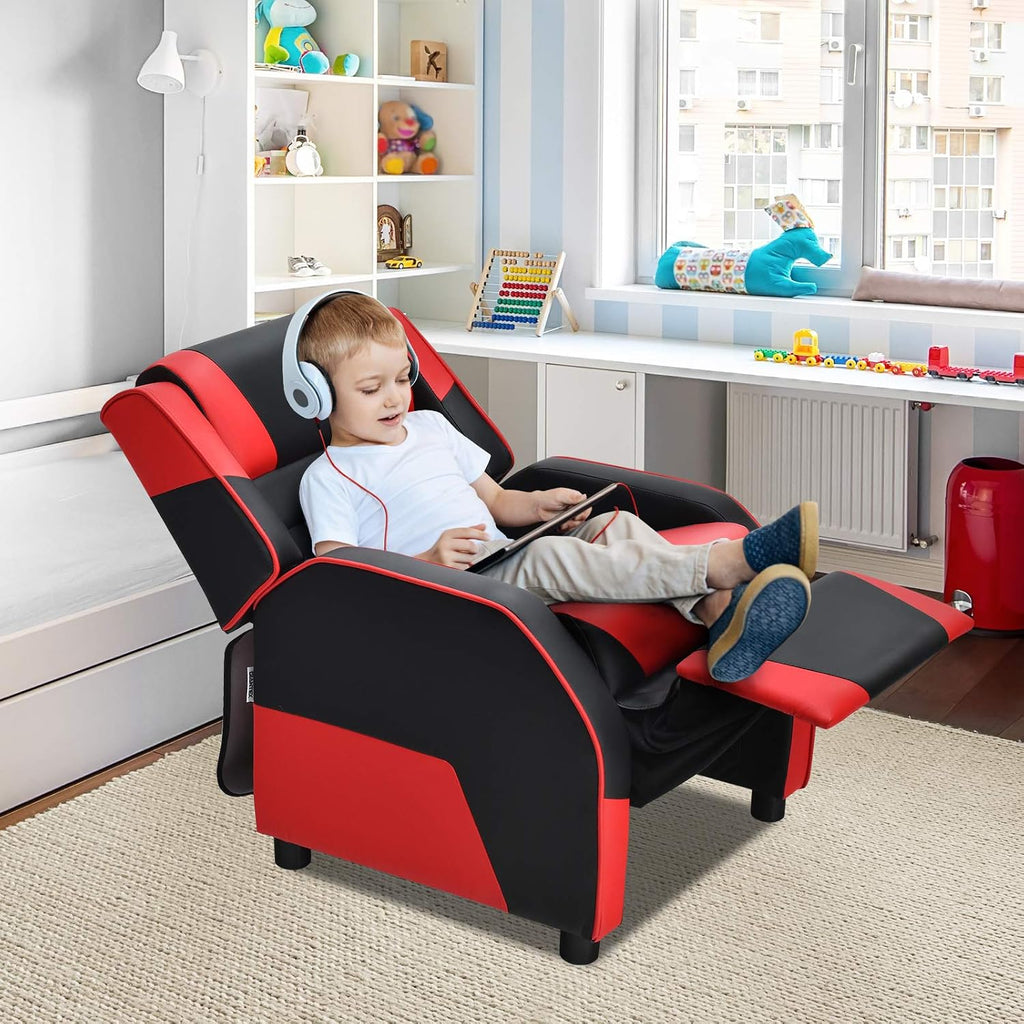 Giantex Kids Recliner, Gaming Recliner Chair with Footrest, Headrest & Lumbar Support, Ergonomic Leather Lounge Chair Toddler Furniture, Adjustable Racing Style Recliner Sofa for Boys Girls, Red