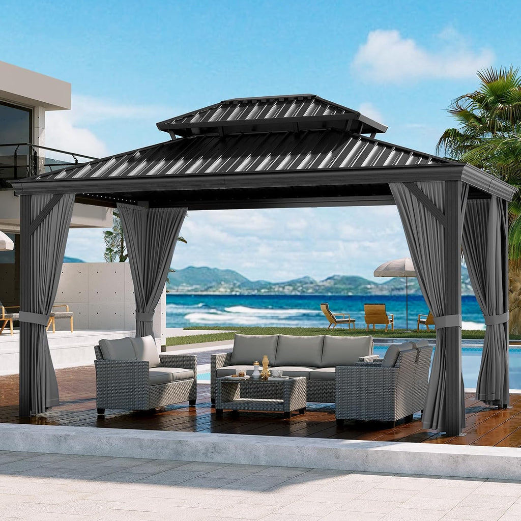 GarveeHome Outdoor Hardtop Gazebos 10 x 12 ft Permanent with High Strength Aluminum Frame, Double-Roof, Pavilion with Curtain and Netting for Patio, Lawn, Deck, Garden (Darkgrey, 10x12 ft)