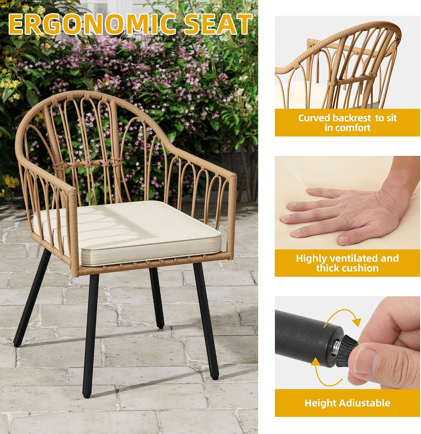 DWVO 5 Piece Patio Dining Sets, Outdoor Dining Furniture Set with 2' Umbrella Hole, Wicker Rattan Round Table and Chairs Set with Comfortable Cushions for Patio, Balcony, Backyard, Beige