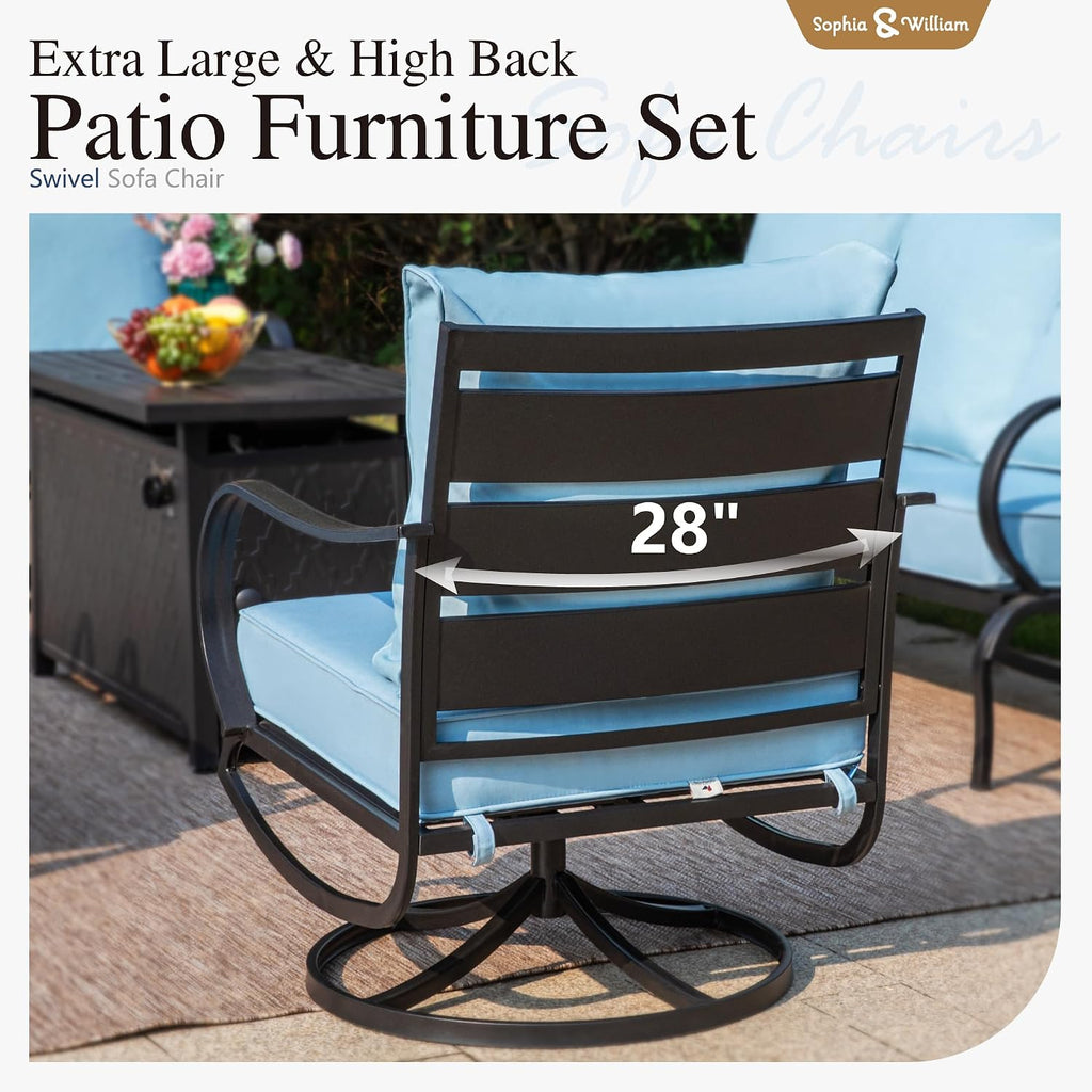 Sophia & William Patio Furniture Sets 5 Seats Outdoor Metal Conversation Sets 4 Pcs with 2 x Cushioned Swivel Sofa Chairs,1 x 3-Seat Sofa, 1x Marbling Metal Coffee Table Lawn Backyard Poolside Blue