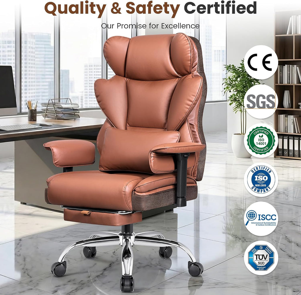 BESTFAIR Big and Tall Office Chair - 400 LBS Capacity Executive Chair with High Back & Footrest, Ergonomic Computer Gaming Chair for Heavy People, Wide Padded Seat, Brown PU Leather