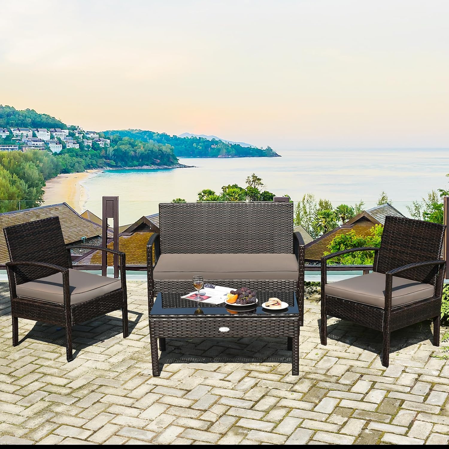 COSTWAY Outdoor Patio Furniture Set 4 Pieces, Wicker Conversation Set with Tempered Glass Topped Table, Seat Cushions, Rattan Chair Wicker Sofa for Backyard Balcony Porch Poolside