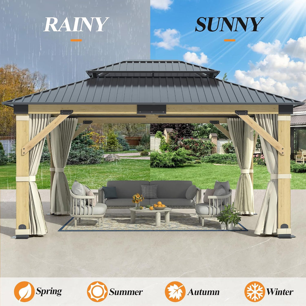GARTOO 13'x15' Outdoor Patio Wooden Gazebo - Galvanized Steel Hardtop with Double Curtains, Vented Wood for Garden, Porch, Lawn, Poolside, Backyard