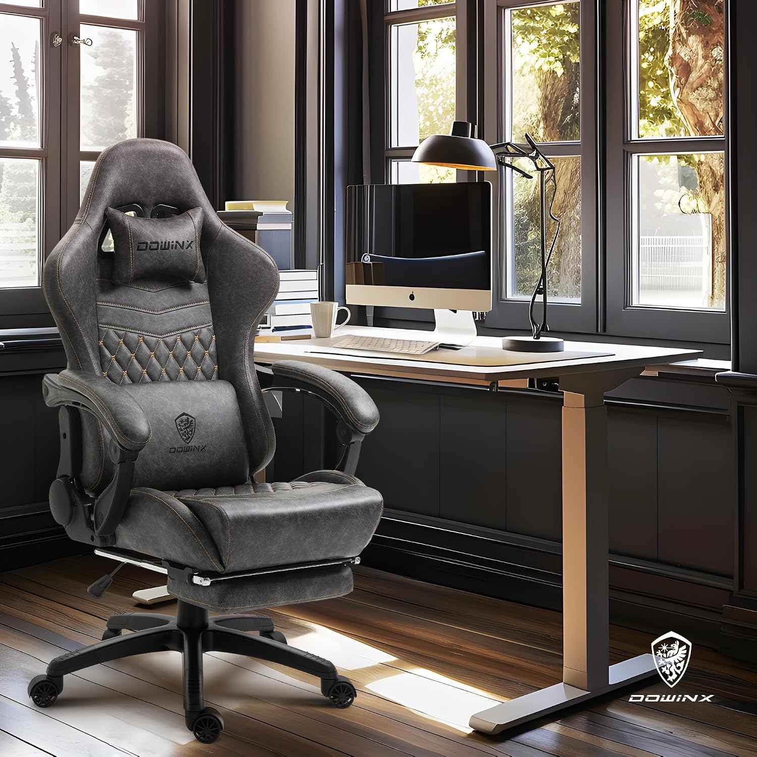 Dowinx Big & Tall Vintage Gaming Chair for Adults, 400 lb Capacity Heavy Duty Ergonomic Computer Chair with Massage Lumbar, Footrest & Easy Side Recline, Grey