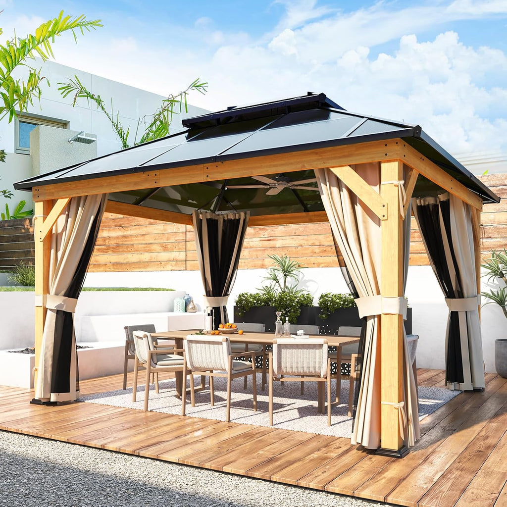 YOLENY 11'x13' Hardtop Gazebo, Wood Outdoor Gazebos with Polycarbonate Double Roof, Netting and Curtains for Decks, Backyards, Lawns and Garden