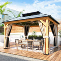YOLENY 11'x13' Hardtop Gazebo, Wood Outdoor Gazebos with Polycarbonate Double Roof, Netting and Curtains for Decks, Backyards, Lawns and Garden