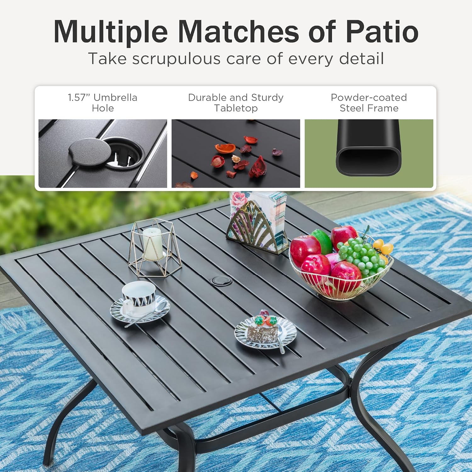 PHI VILLA Outdoor Patio Dining Set with Umbrella (No Base), Patio Table and Chairs Set for 4 with Adjustable Folding Patio Chairs Grey & Metal Square Dining Table