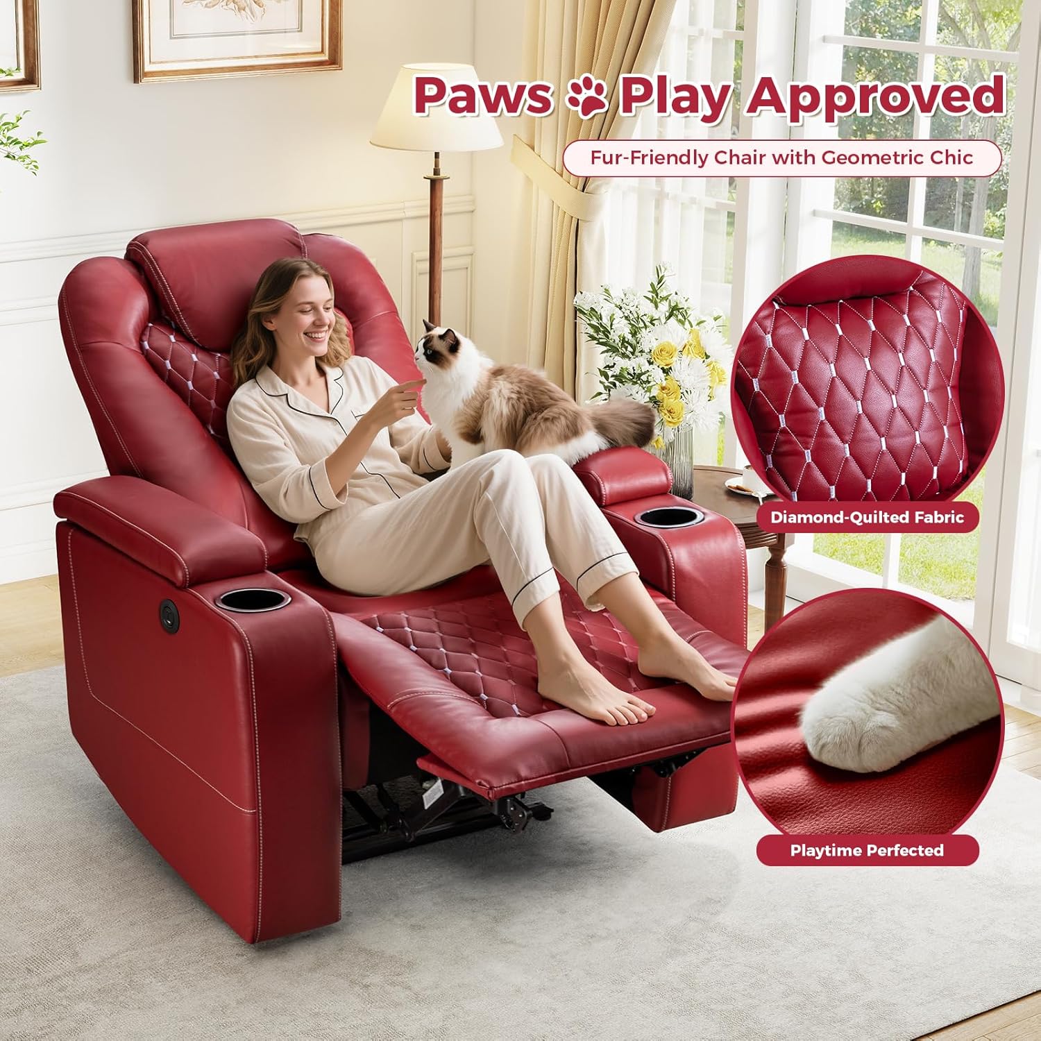 ANJ Power Recliner Chair with USB Ports and Cup Holders - Overstuffed Electric Home Theater Seating PU Leather Reclining Furniture with Hidden Arm Storage, Easy to Clean (Red)