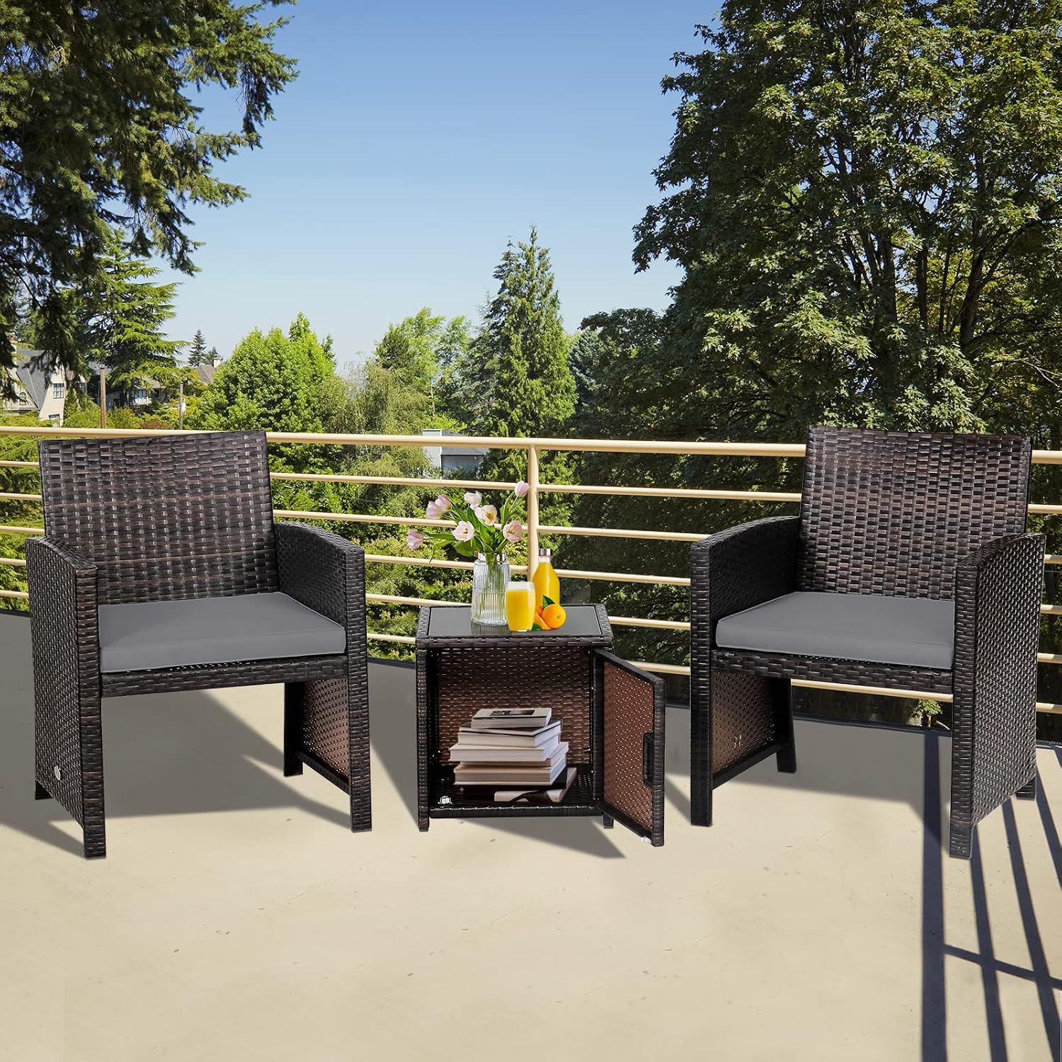 Tangkula 3 Pieces Outdoor Wicker Conversation Set with Waterproof Cover, 2 Patio PE Rattan Cushioned Chairs with Side Storage Table, Suitable for Front Porch, Balcony, Garden, Poolside and Yard (Grey)