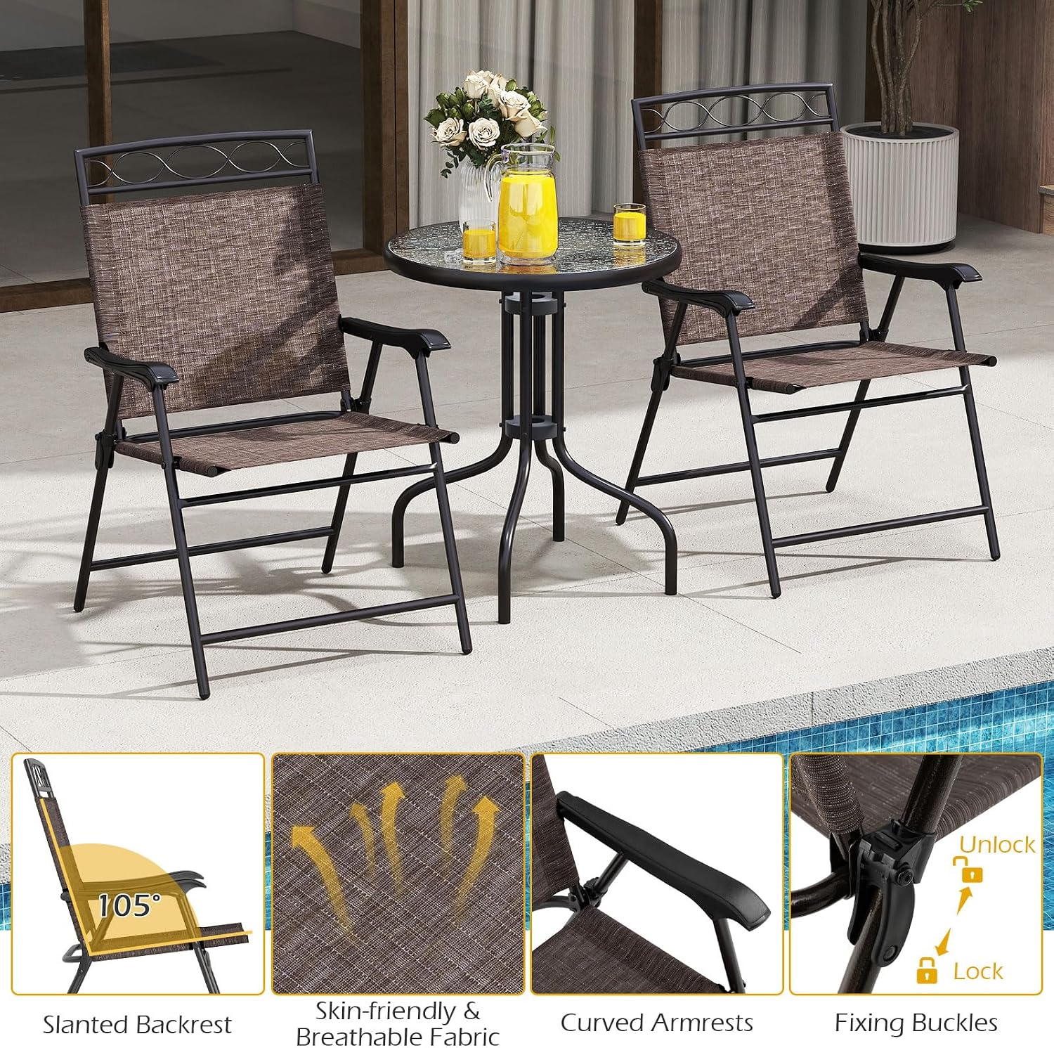 Goplus Bistro Table and Chairs Set of 2, Outdoor 3 Piece Patio Bistro Set with 1.57' Umbrella Hole, Tempered Glass Tabletop, 2 Folding Chairs, Small Patio Furniture Dining Set for Garden, Balcony