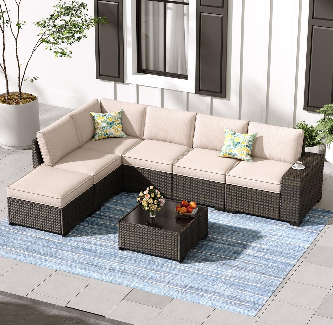 7 Pieces Outdoor Patio Furniture Set, Wicker Conversation Sets with Tea Table, Rattan Patio Sofa with Thick Cushions for Garden, Backyard Porch, Poolside,Beige