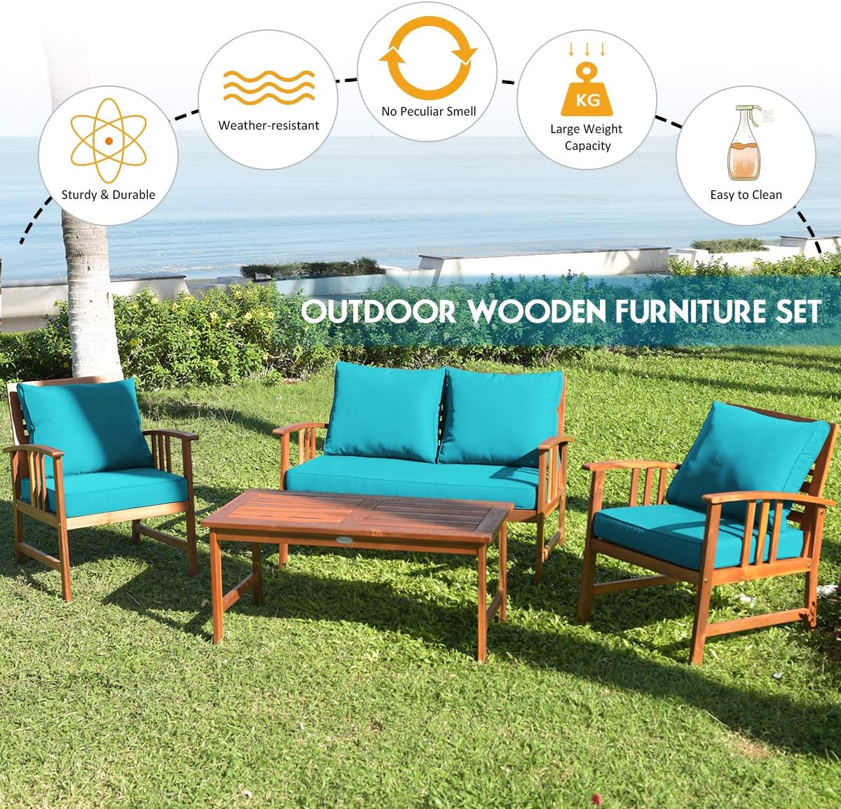 Tangkula 8 Pieces Acacia Wood Patio Furniture, Outdoor Seating Chat Set w/Gray Cushions & Back Pillow, Conversation Set w/Coffee Table for Garden, Backyard, Poolside