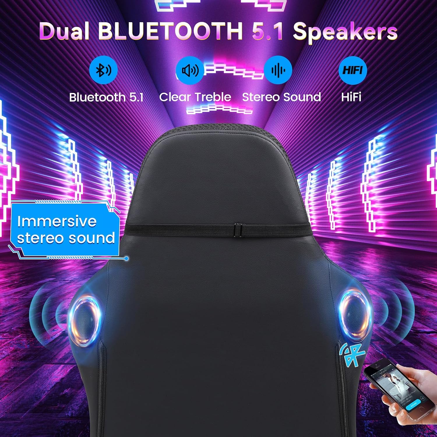 GTPLAYER RGB Gaming Chair with Speakers, Computer Gamer Chair with Footrest and LED Lights, PC Gaming Chairs for Adults, High Back Reclining Office Chairs, Linkage Armrest (Black)