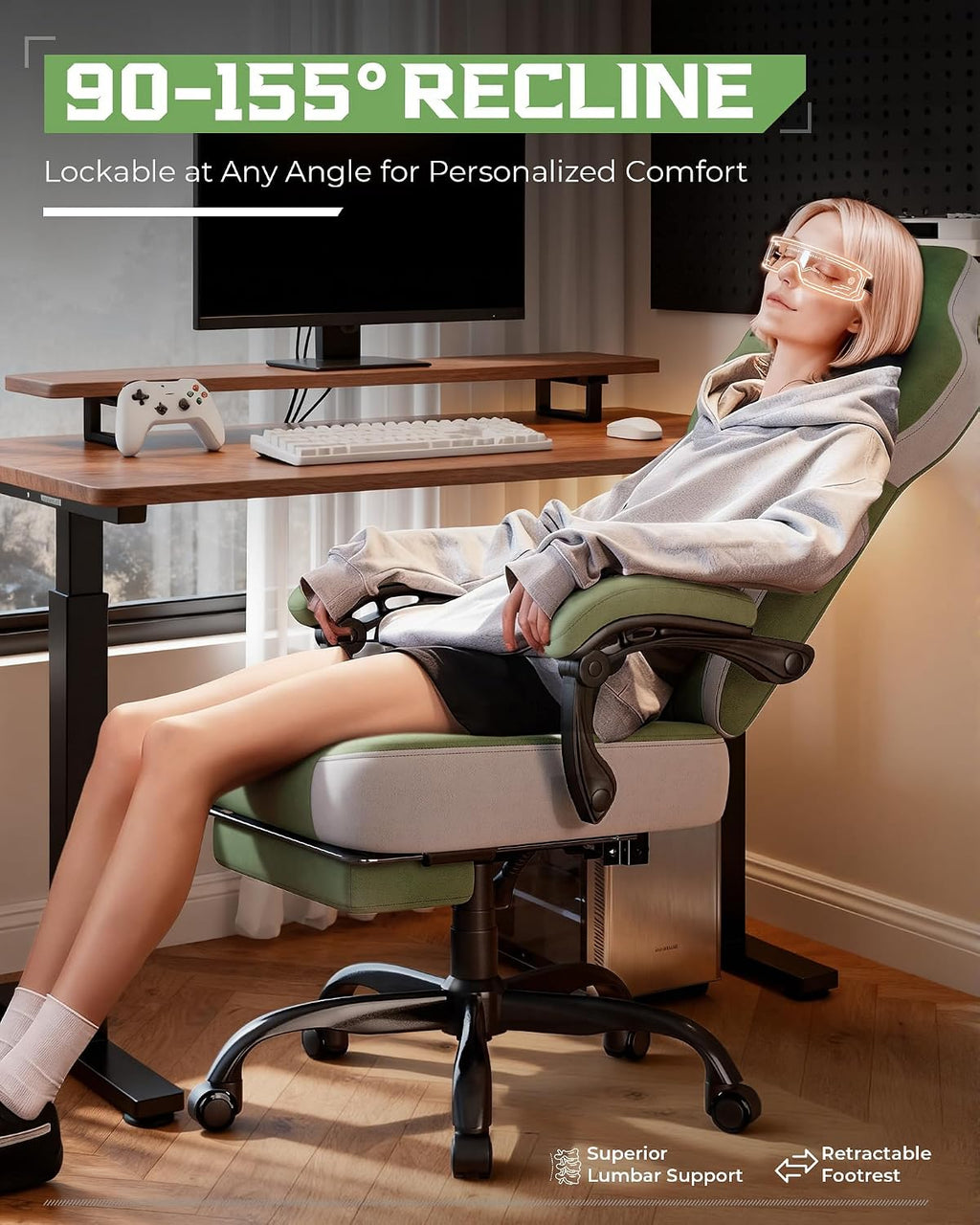 GTPLAYER Gaming Chair, Computer Chair with Footrest and Lumbar Support for Adults, 360°-Swivel Big & Tall Reclining Seat for Office or Gaming (Green)