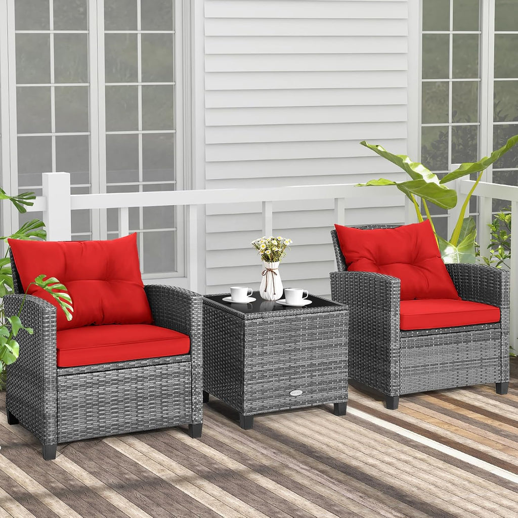 COSTWAY 3PCS Patio Furniture Set, PE Rattan Wicker Sofa w/Washable Cushion and Coffee Table, Tempered Glass Tabletop, Outdoor Conversation Set for Balcony, Porch, Yard, Backyard, Lawn, Red