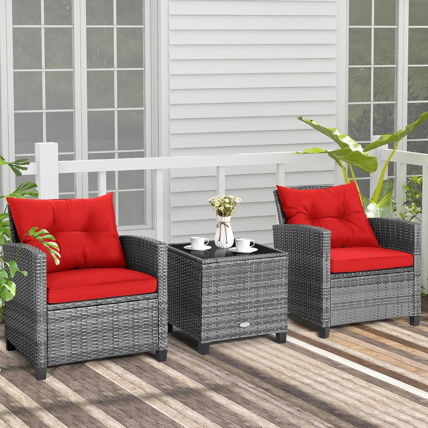 COSTWAY 3PCS Patio Furniture Set, PE Rattan Wicker Sofa w/Washable Cushion and Coffee Table, Tempered Glass Tabletop, Outdoor Conversation Set for Balcony, Porch, Yard, Backyard, Lawn, Red
