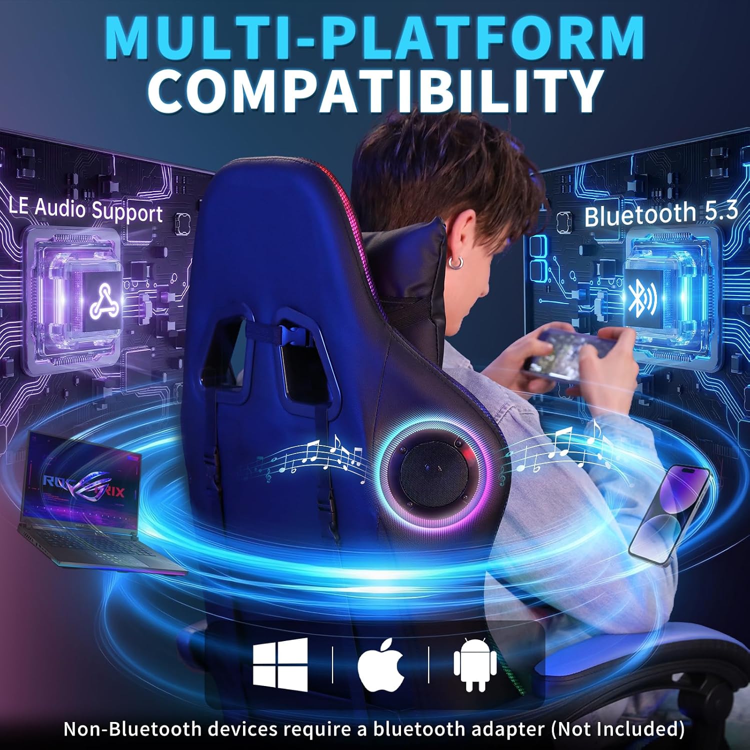 Gaming Chair with Speakers and LED Lights Ergonomic Computer Chair with Massage and Footrest Reclining Video Game Chair for Adults with Adjustable Lumbar Support Red and Black