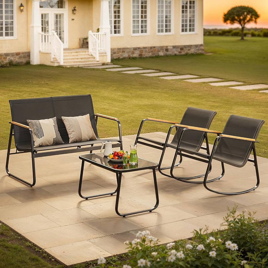 Ahomly 4-Piece Patio Furniture Set, Textilene Outdoor Conversation Set with 2 Rocking Chairs and Tempered Glass Coffee Table, for Lawn, Garden, Balcony, Poolside (Black)